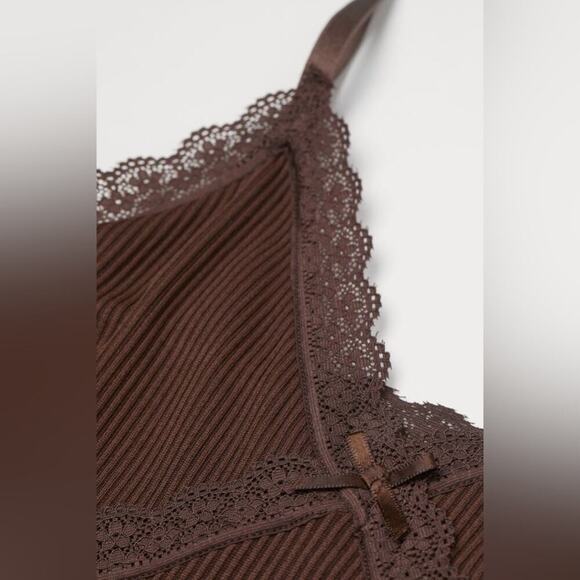 H&M Brown Ribbed Stretch Bodycon Lace Mini Dress Adjustable Y2K Size M Divided - Picture 3 of 5